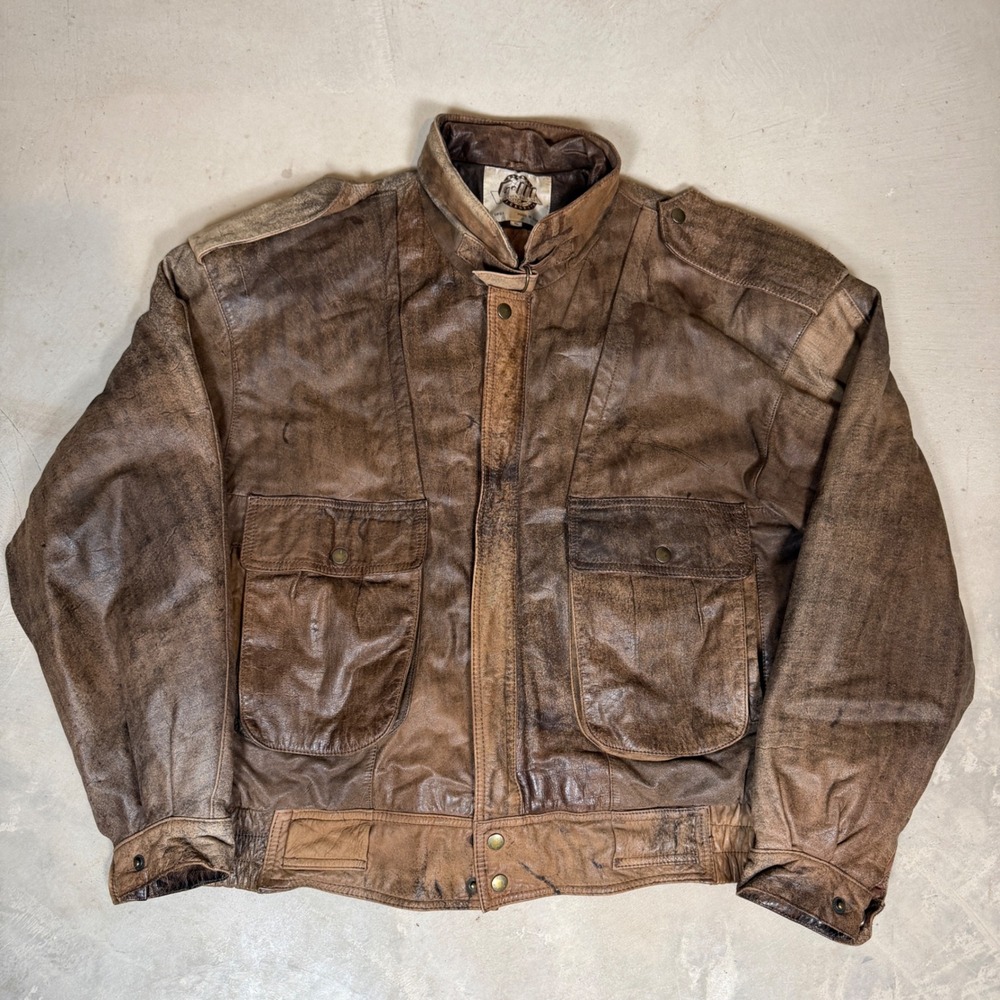 Global Identity Vintage Distressed Brown Leather Bomber Jacket Mens XL Korea A2